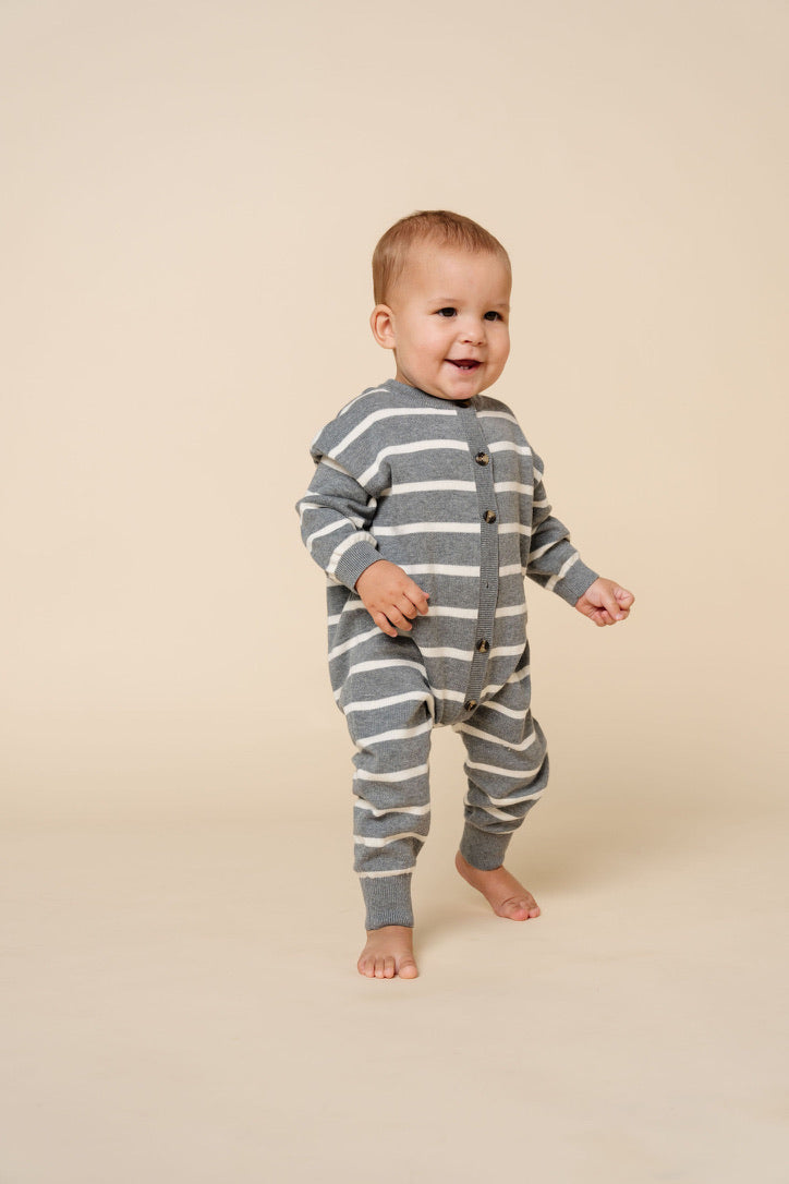 Knit Long Sleeve Onesie - Charcoal Stripe