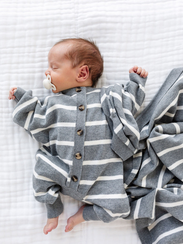 Knit Long Sleeve Onesie - Charcoal Stripe