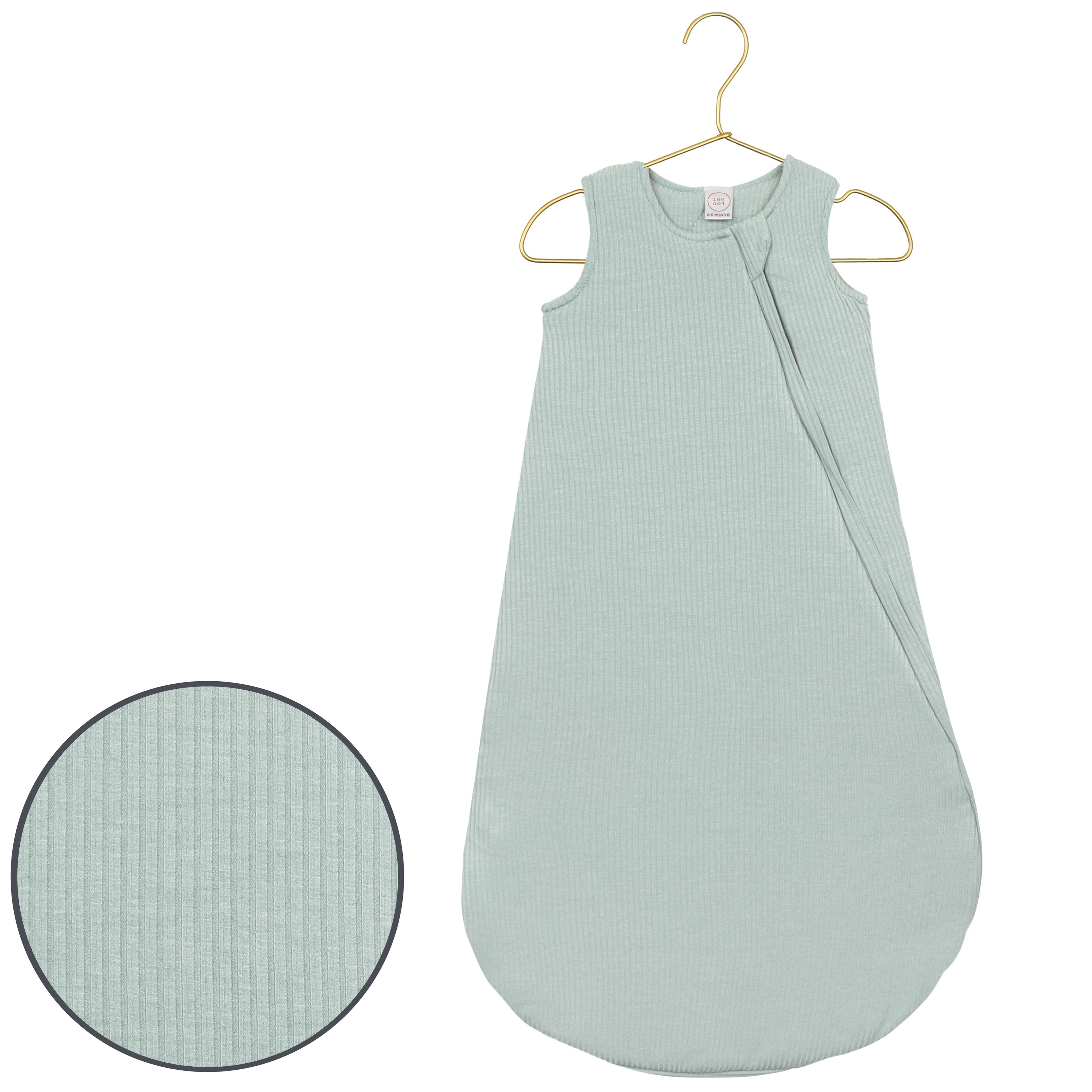 Light blue baby sleeping bag on a hanger with close-up of fabric texture.