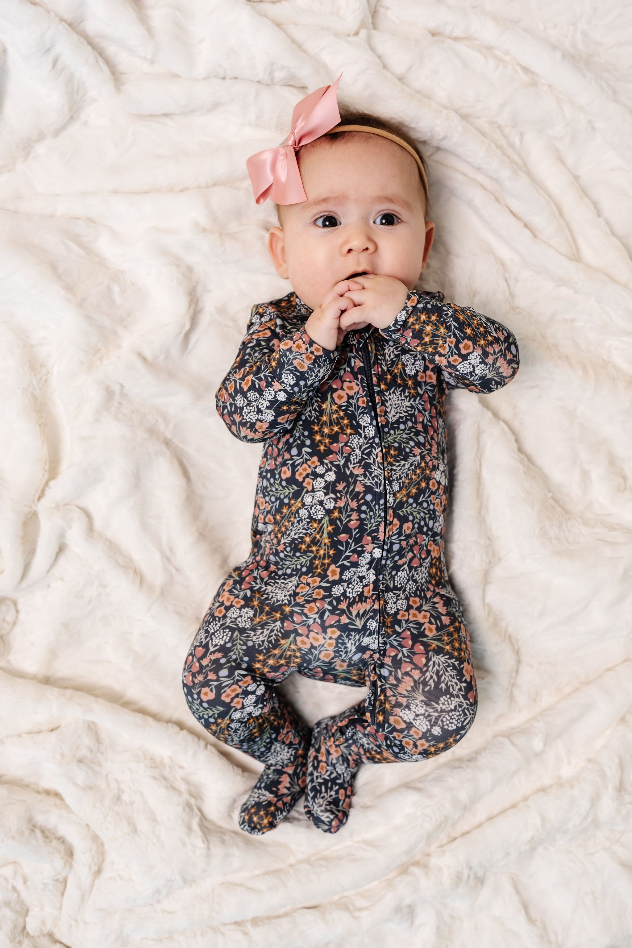 bea zipper footie newborn girl with rose chenille and french pink satin bow