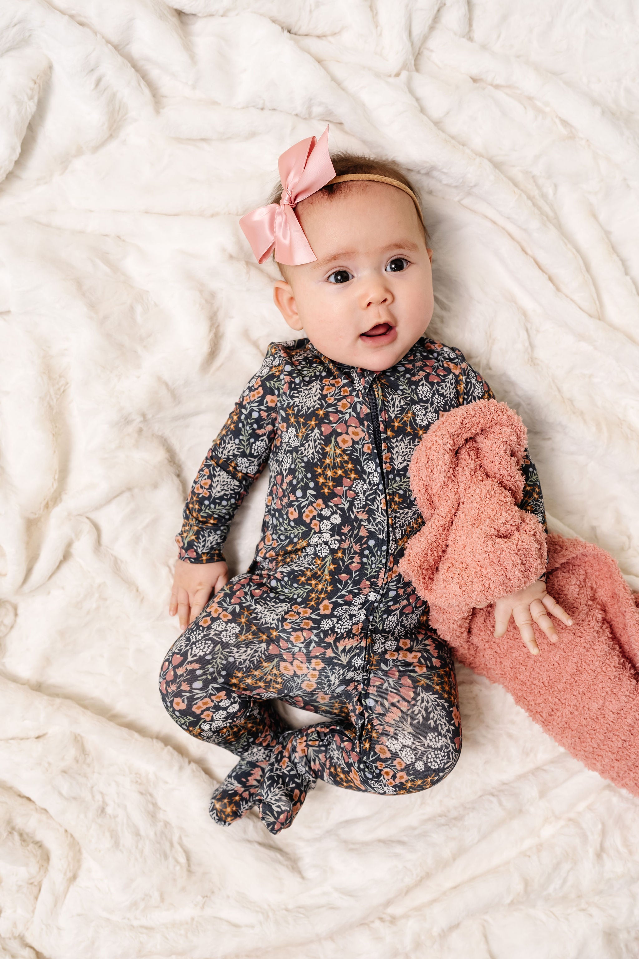 bea zipper footie newborn girl with rose chenille and french pink satin bow