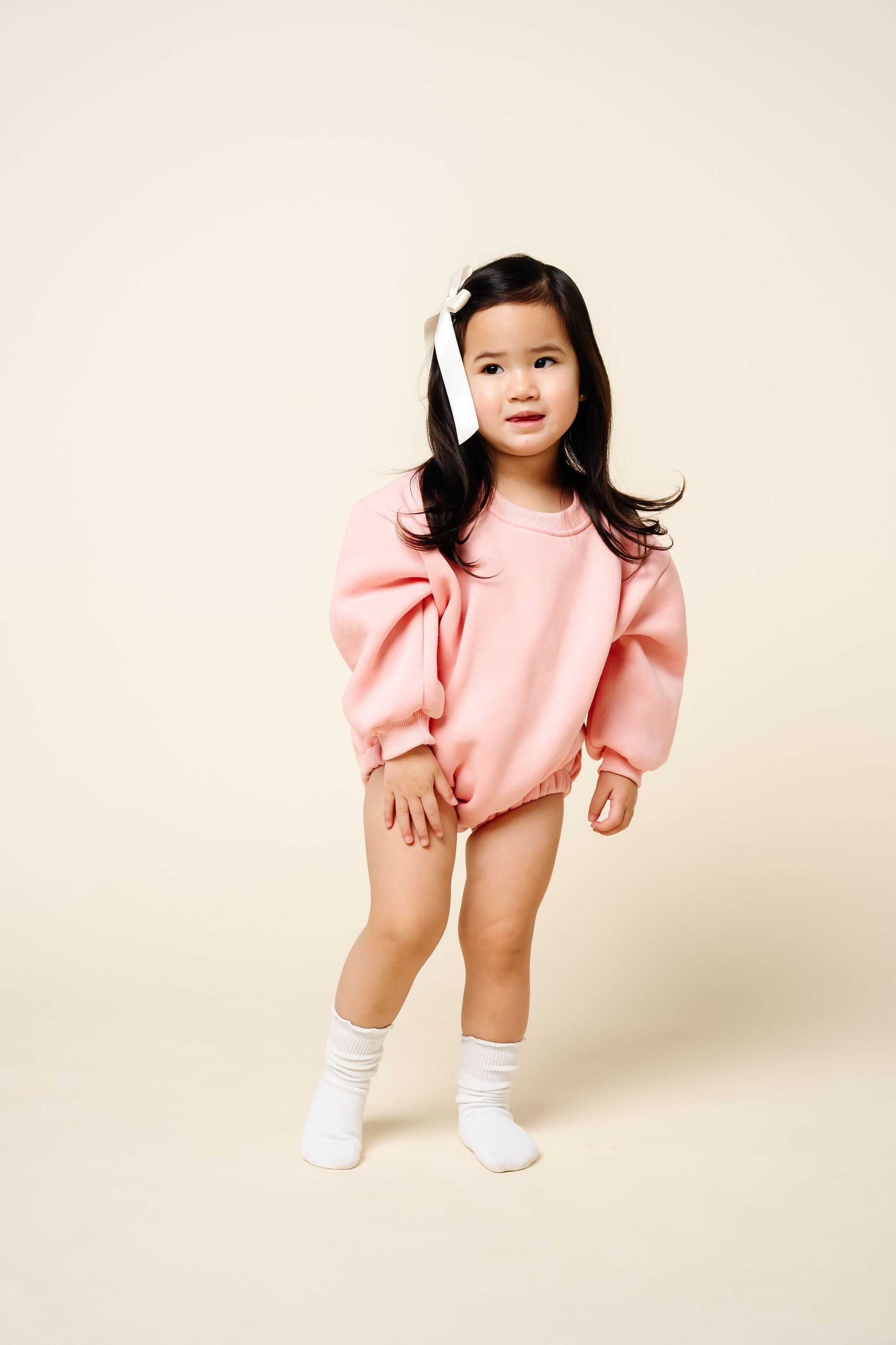 bubblegum sweatshirt romper toddler girl standing