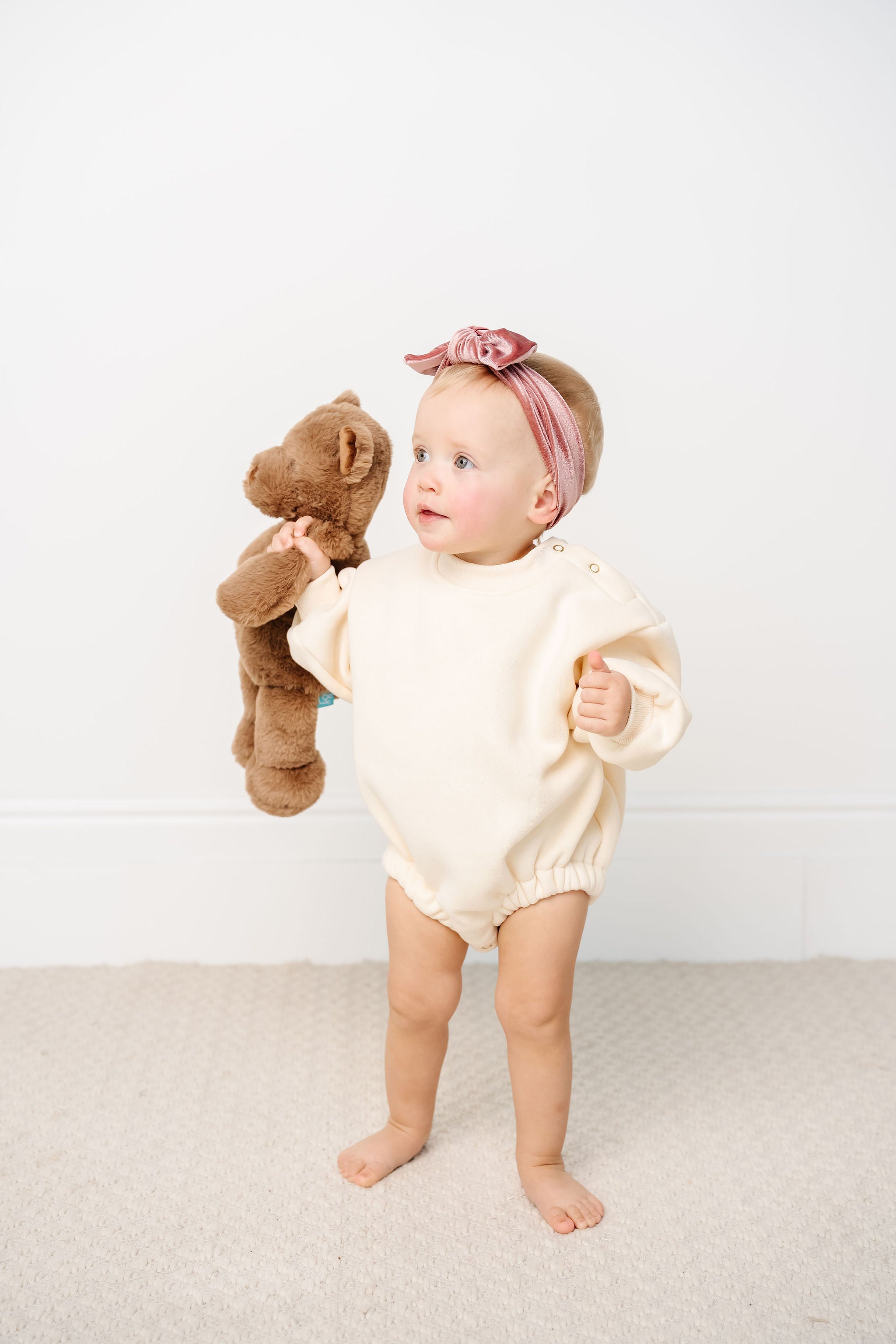 cream sweatshirt romper toddler girl with rose velvet headband