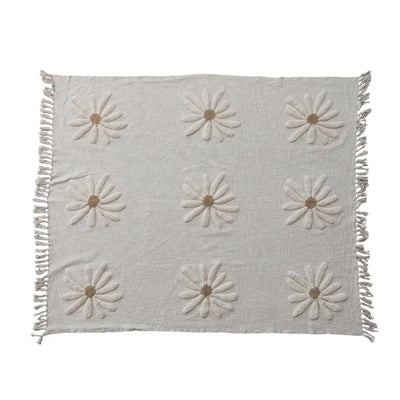 Cotton Slub Throw with Tufted Flowers & Fringe