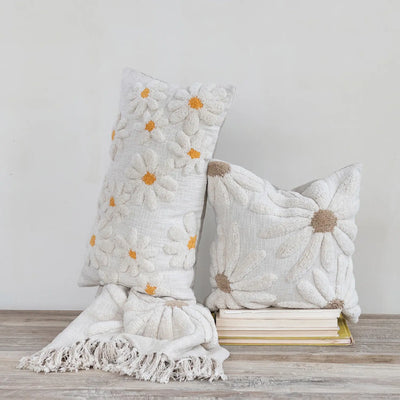 Cotton Slub Throw with Tufted Flowers & Fringe