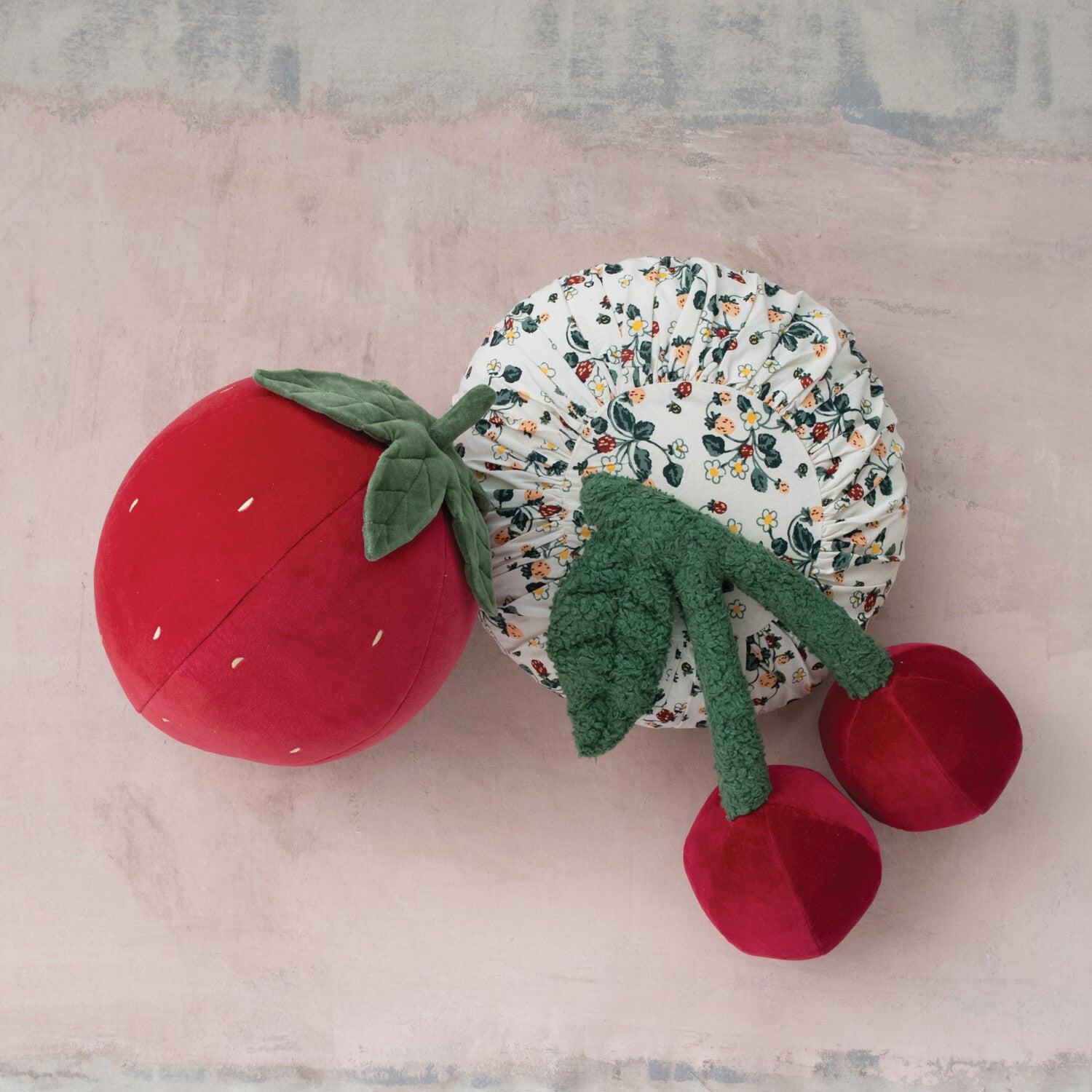 Cotton Velvet Cherry Shaped Pillow w/ Faux Sherpa Stem