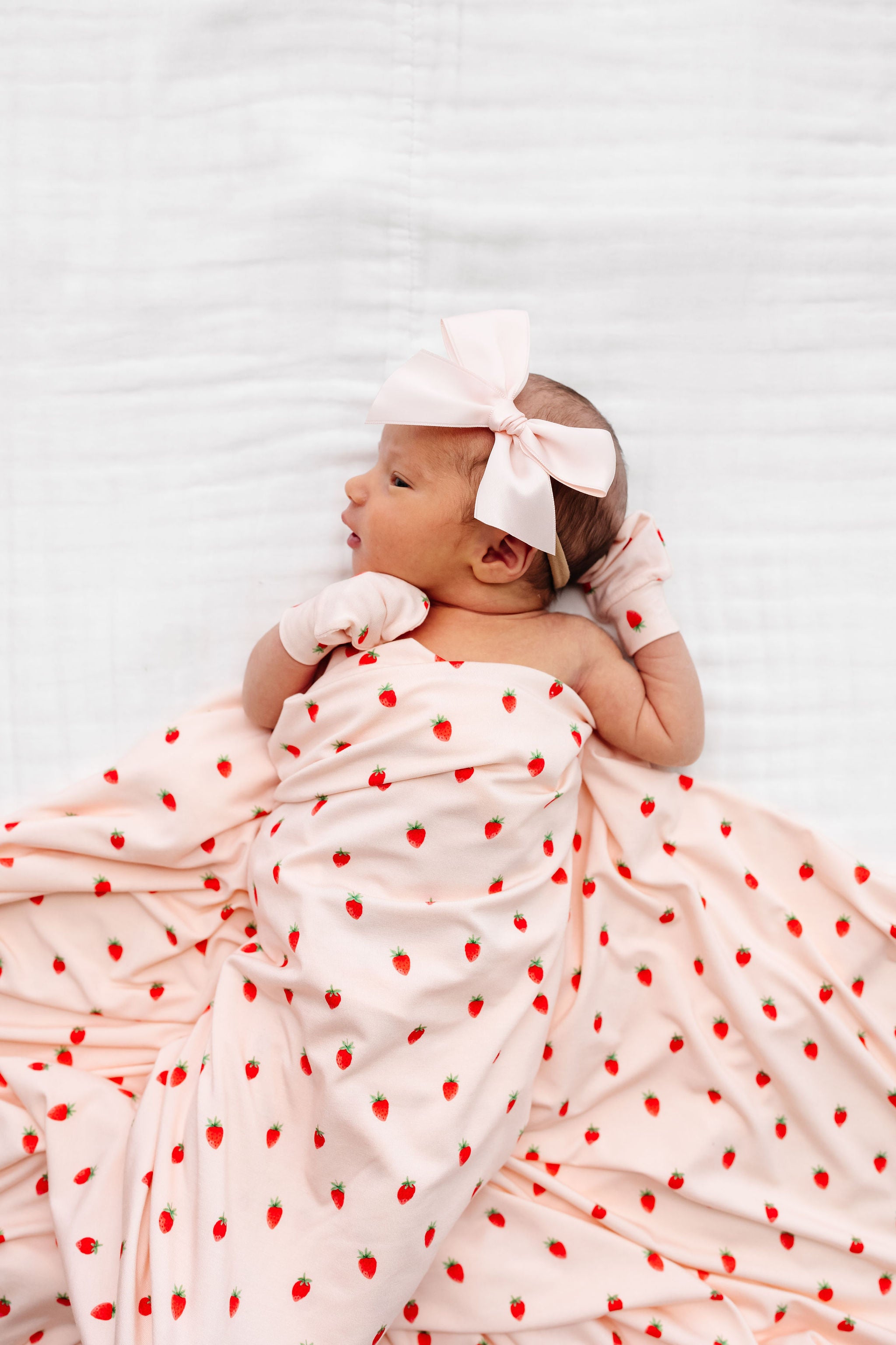 junie strawberry print headband bundle with blush satin bow. no scratch mittens and swaddle blanket. newborn girl