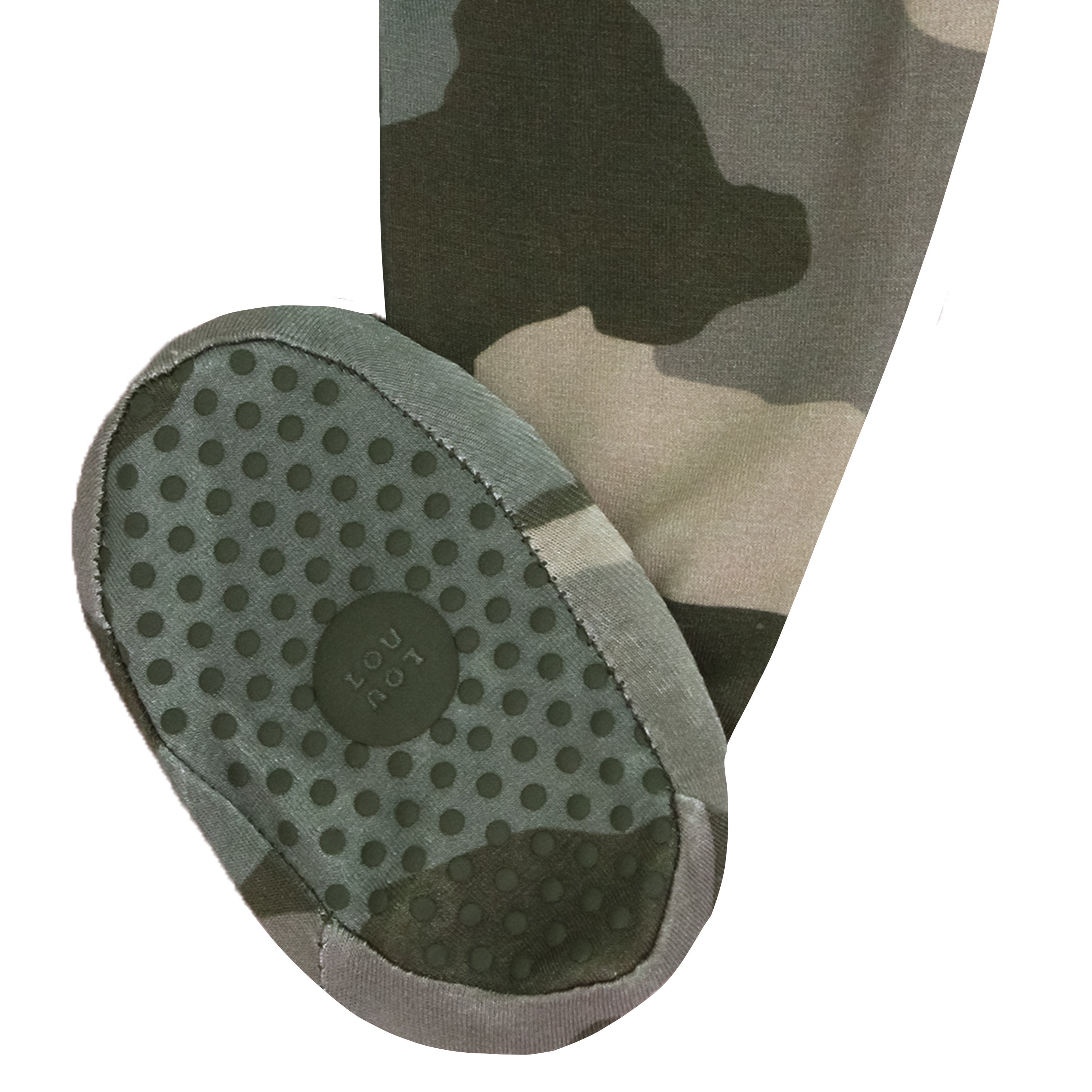 Close-up of a camouflage-patterned shoe sole with a brand logo.