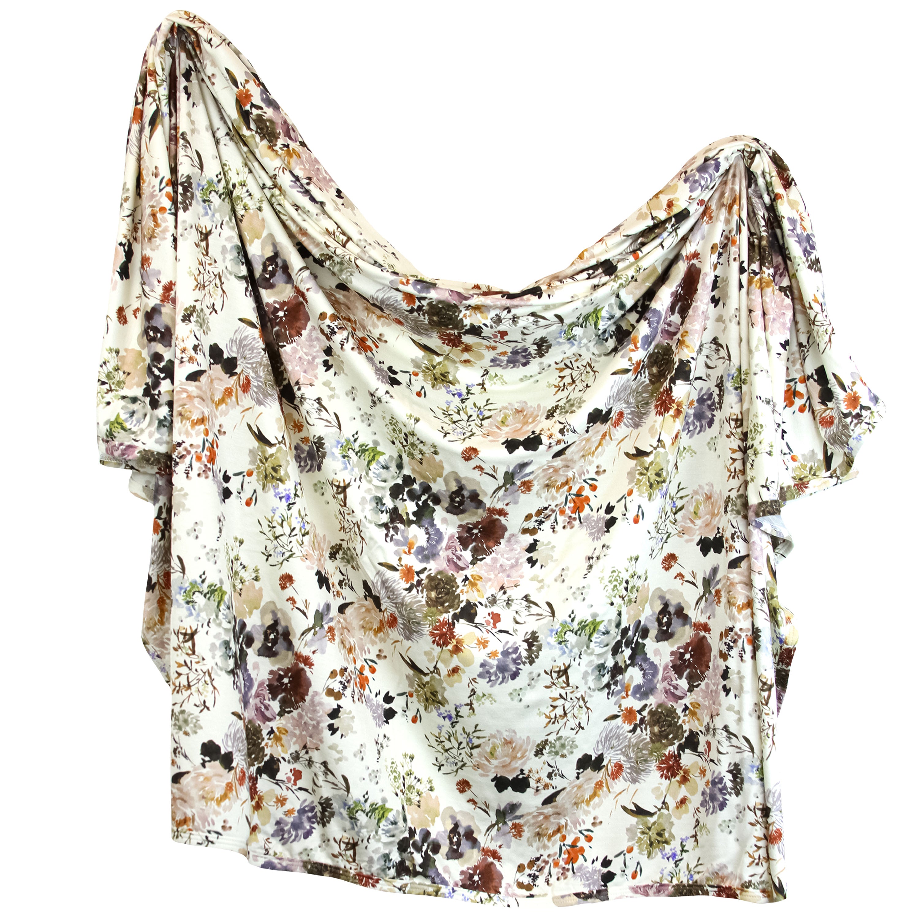 nellie swaddle blanket being held up, white background with earth tone floral pattern
