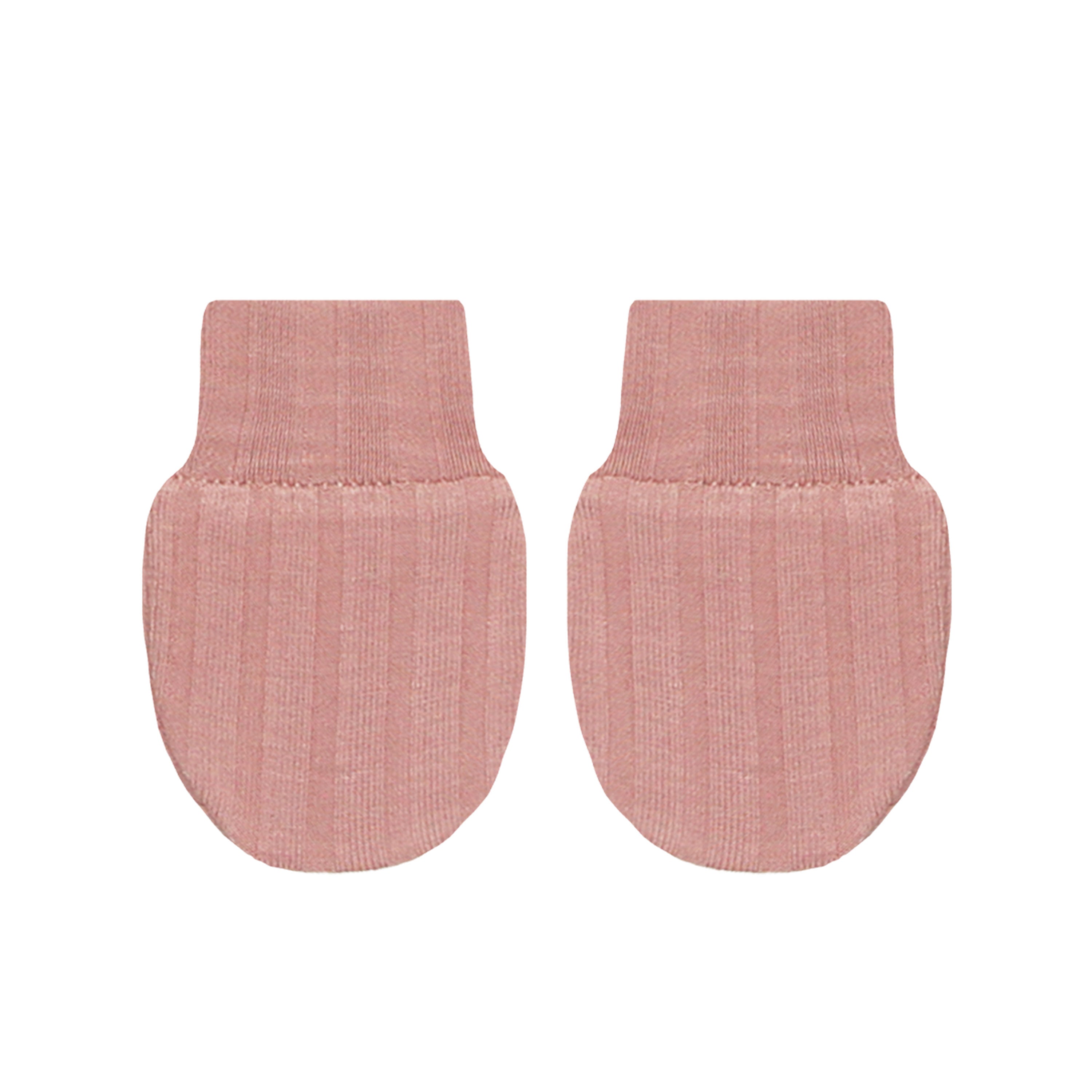 A pair of pink ribbed no-scratch mittens for babies.
