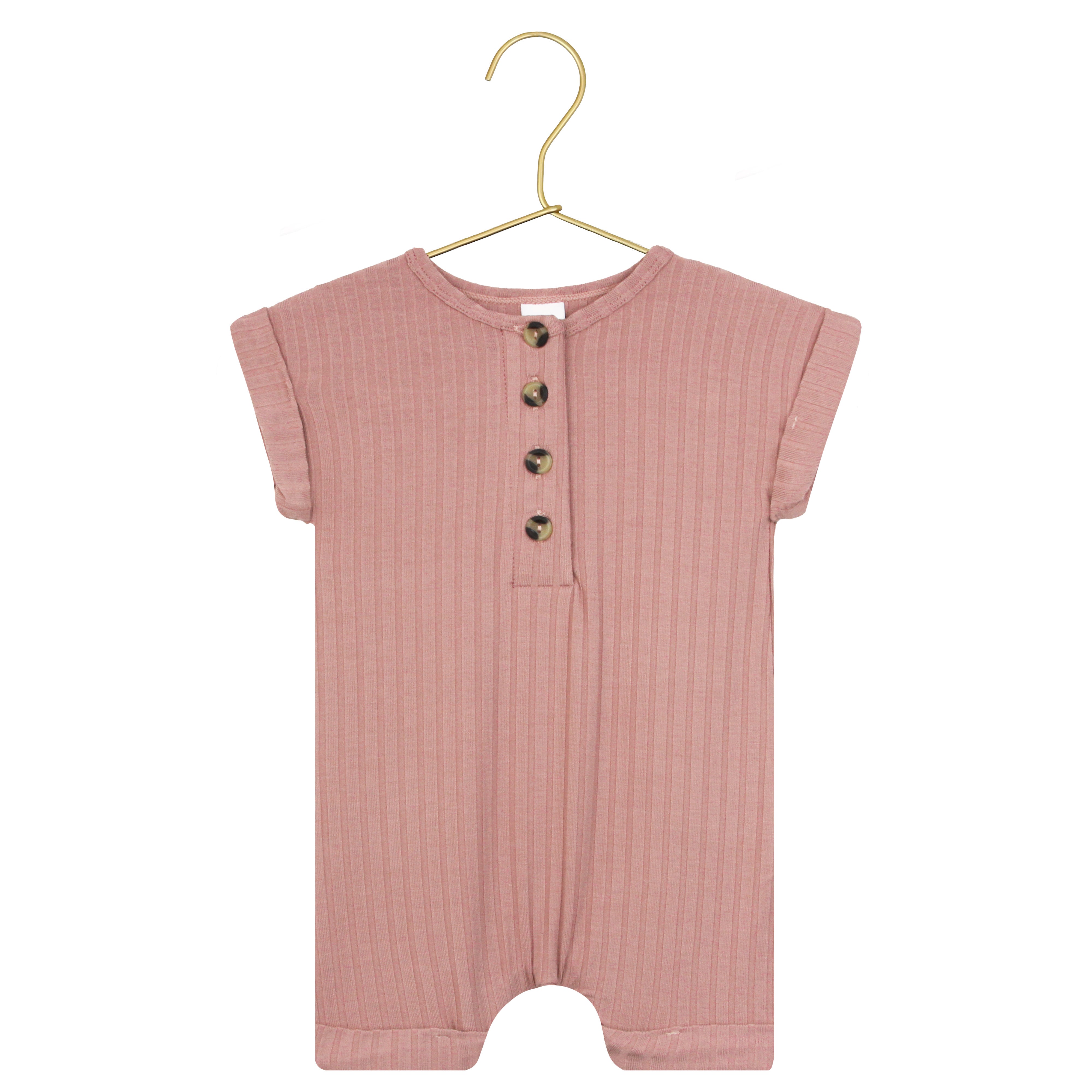 A pink ribbed romper with short sleeves and button details hanging on a hanger.