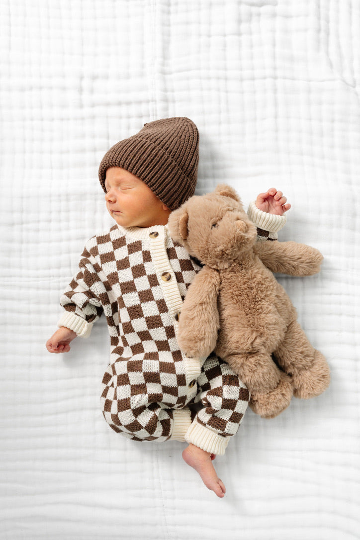 Knit Long Sleeve Onesie - Cocoa Checkered