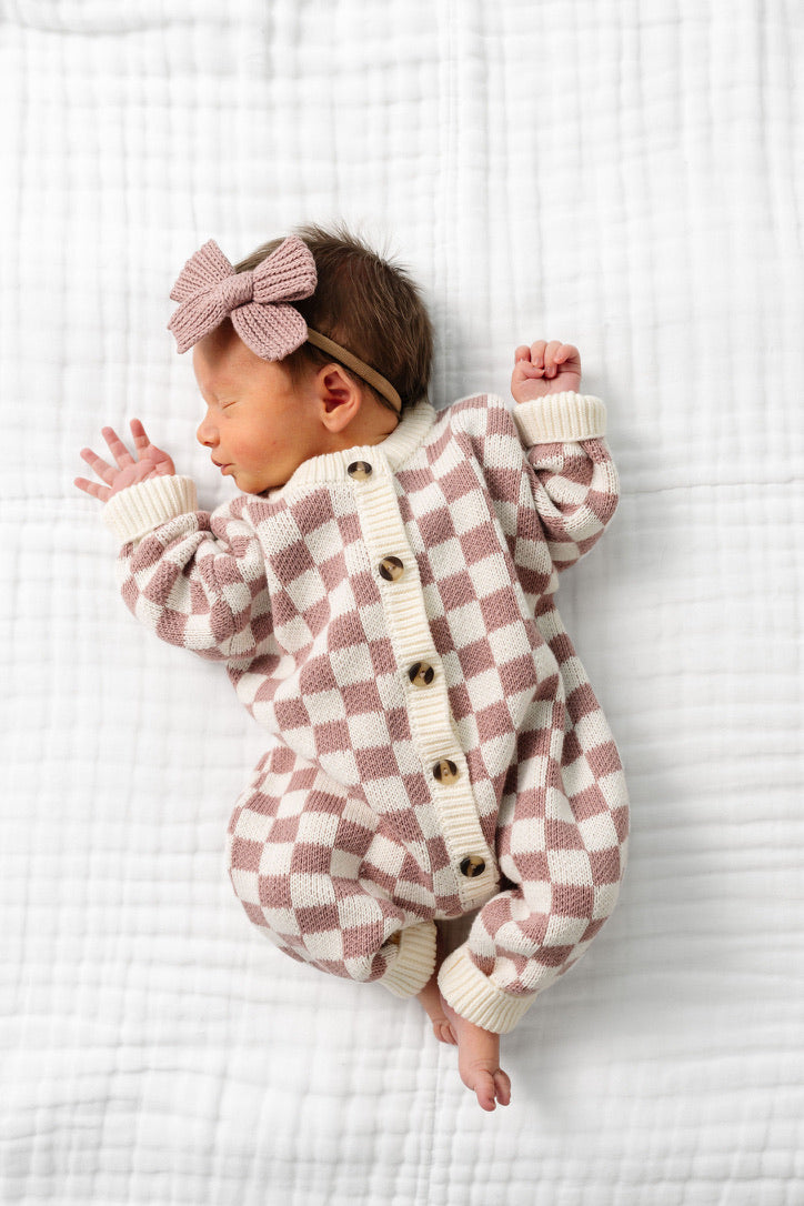 Knit Long Sleeve Onesie - Mauve Checkered