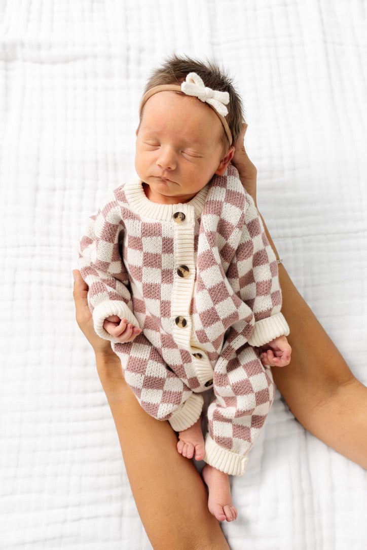 Knit Long Sleeve Onesie - Mauve Checkered