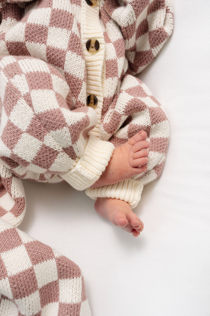 Knit Long Sleeve Onesie - Mauve Checkered