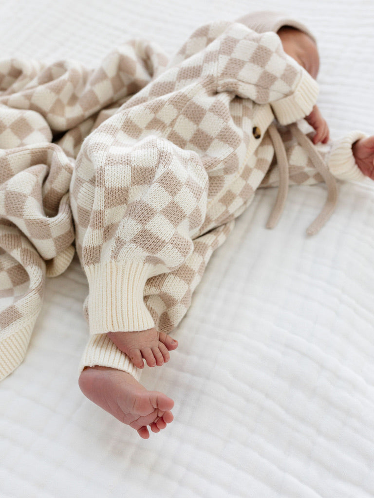 Knit Long Sleeve Onesie - Tan Checkered