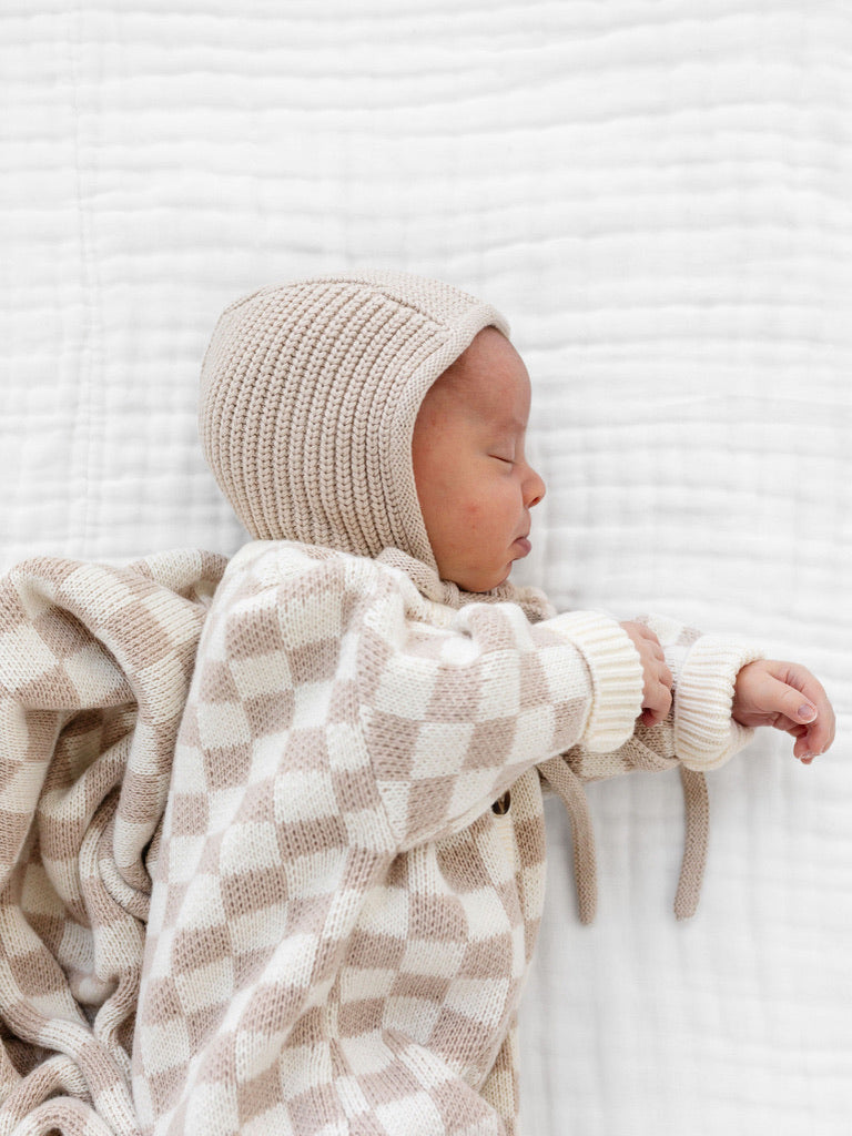 Knit Long Sleeve Onesie - Tan Checkered