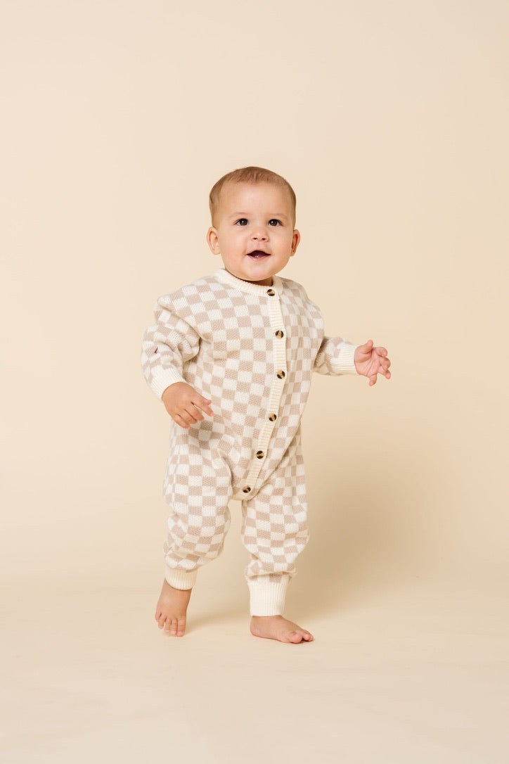 Knit Long Sleeve Onesie - Tan Checkered