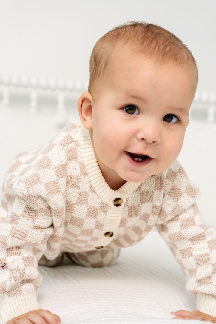 Knit Long Sleeve Onesie - Tan Checkered