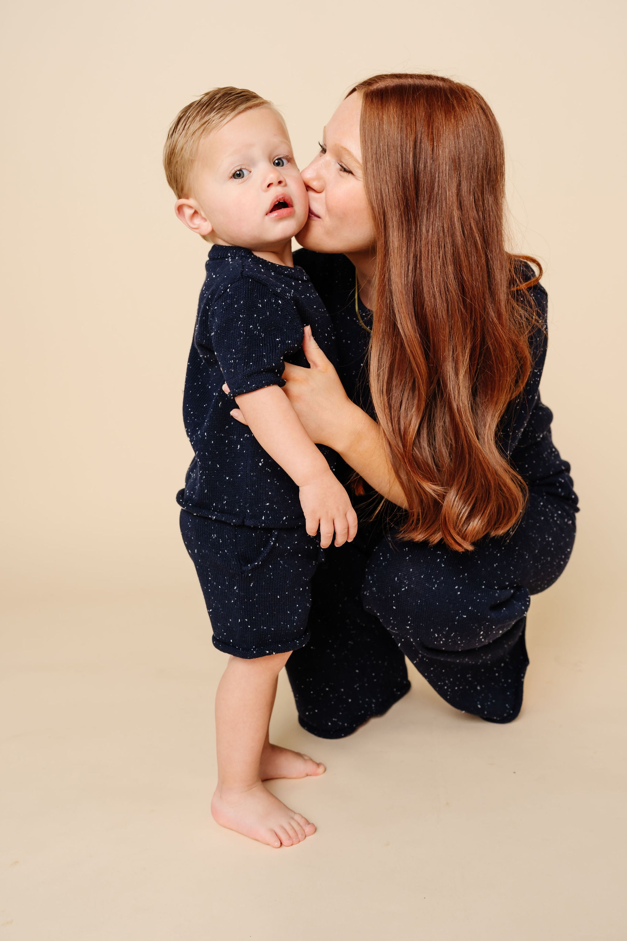 Knit Shirt + Short Set - Navy Speckle
