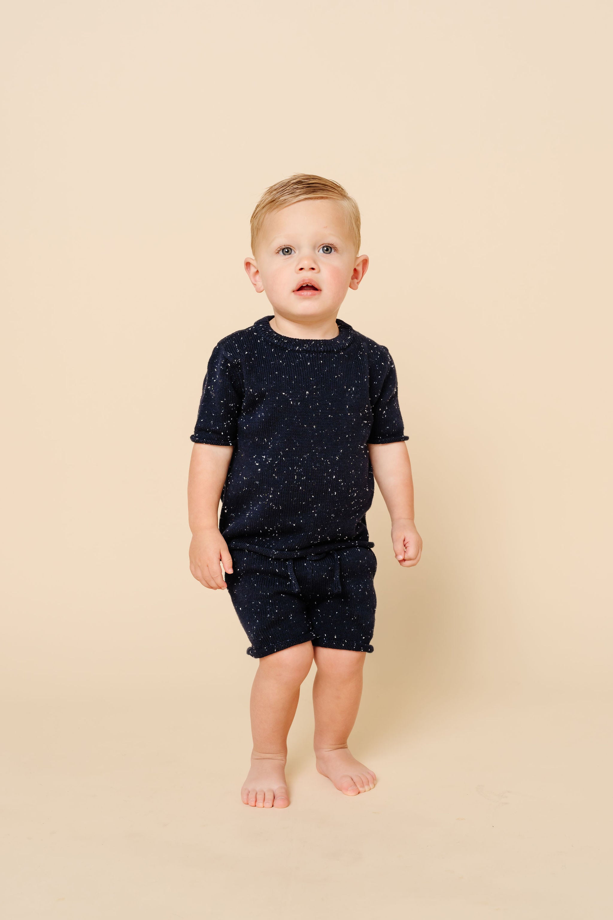 Knit Shirt + Short Set - Navy Speckle