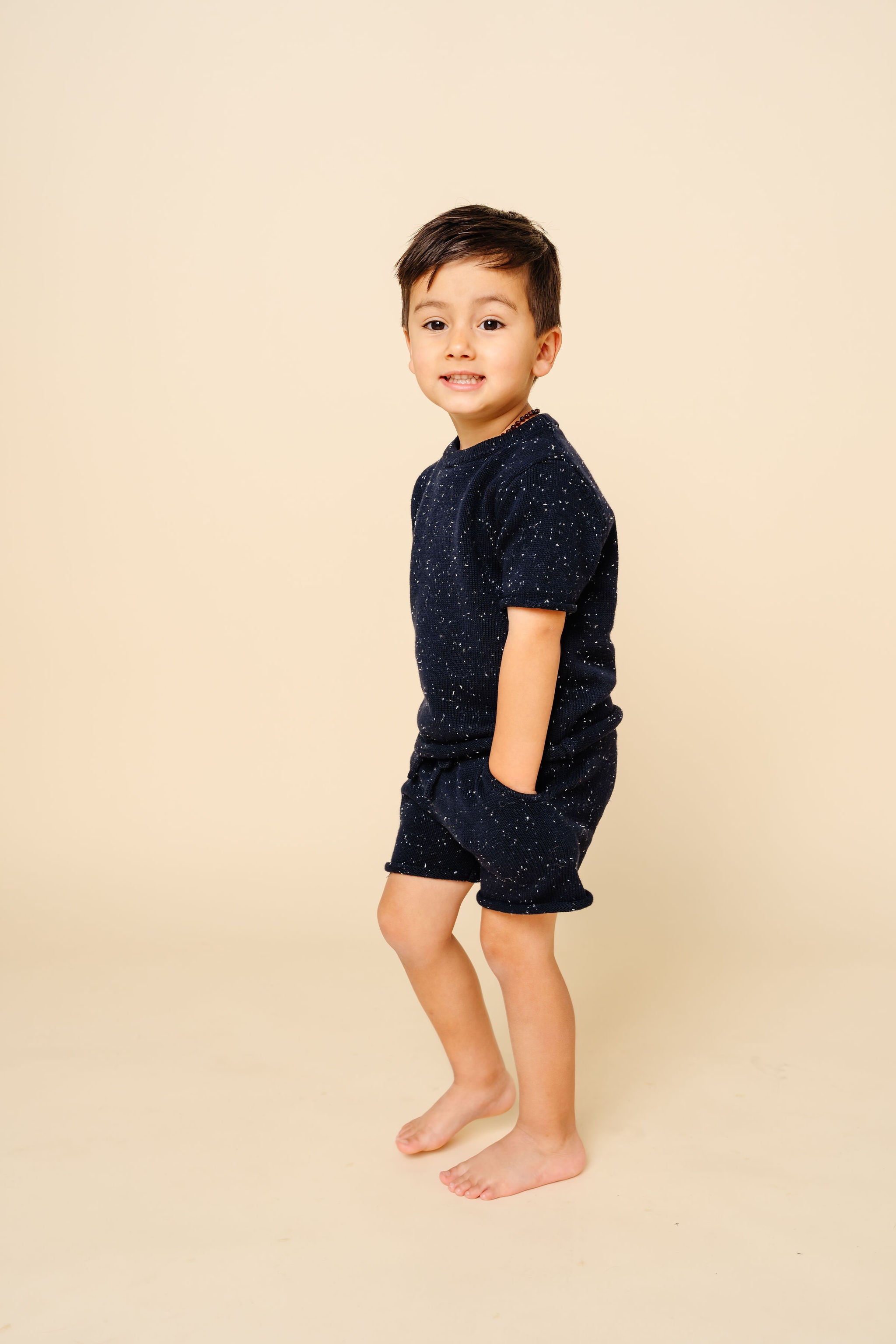 Knit Shirt + Short Set - Navy Speckle