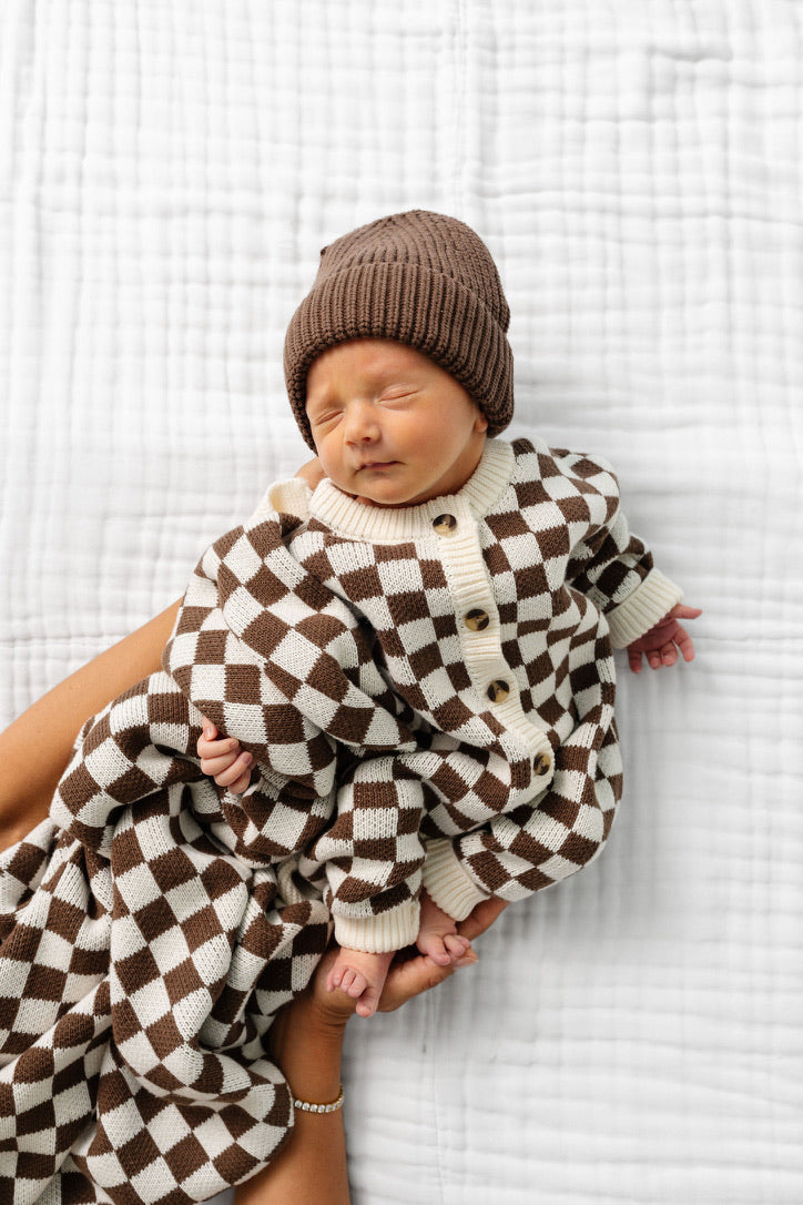 Knit Long Sleeve Onesie - Cocoa Checkered