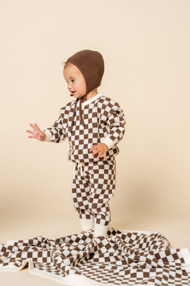 Knit Chunky Sweater - Cocoa Checkered