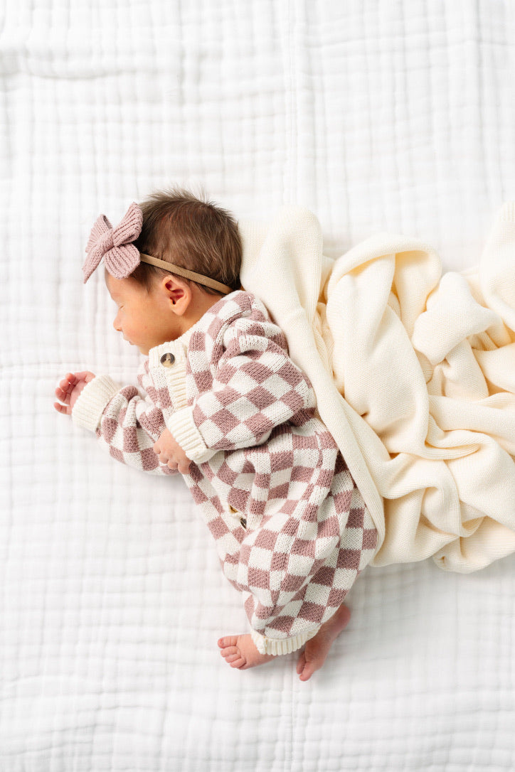 Knit Long Sleeve Onesie - Mauve Checkered