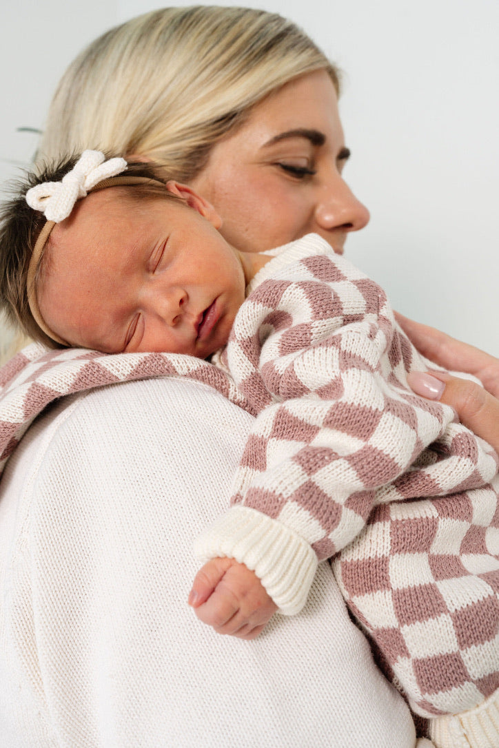 Knit Long Sleeve Onesie - Mauve Checkered