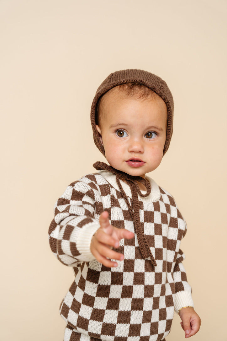Knit Chunky Sweater - Cocoa Checkered