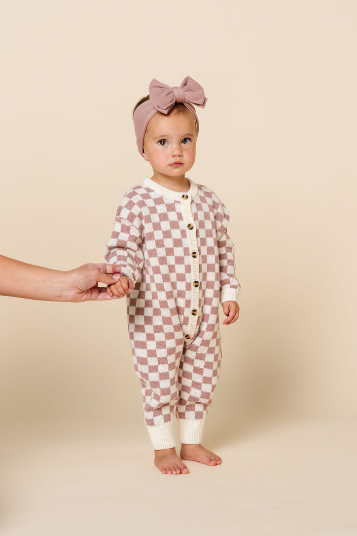 Knit Long Sleeve Onesie - Mauve Checkered