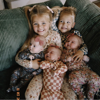 Siblings in Lou Lou and Company top + bottoms. Big sister in Rachel, Big brother in miles, triplets in penelope, gemma, and bea top + bottoms. 
