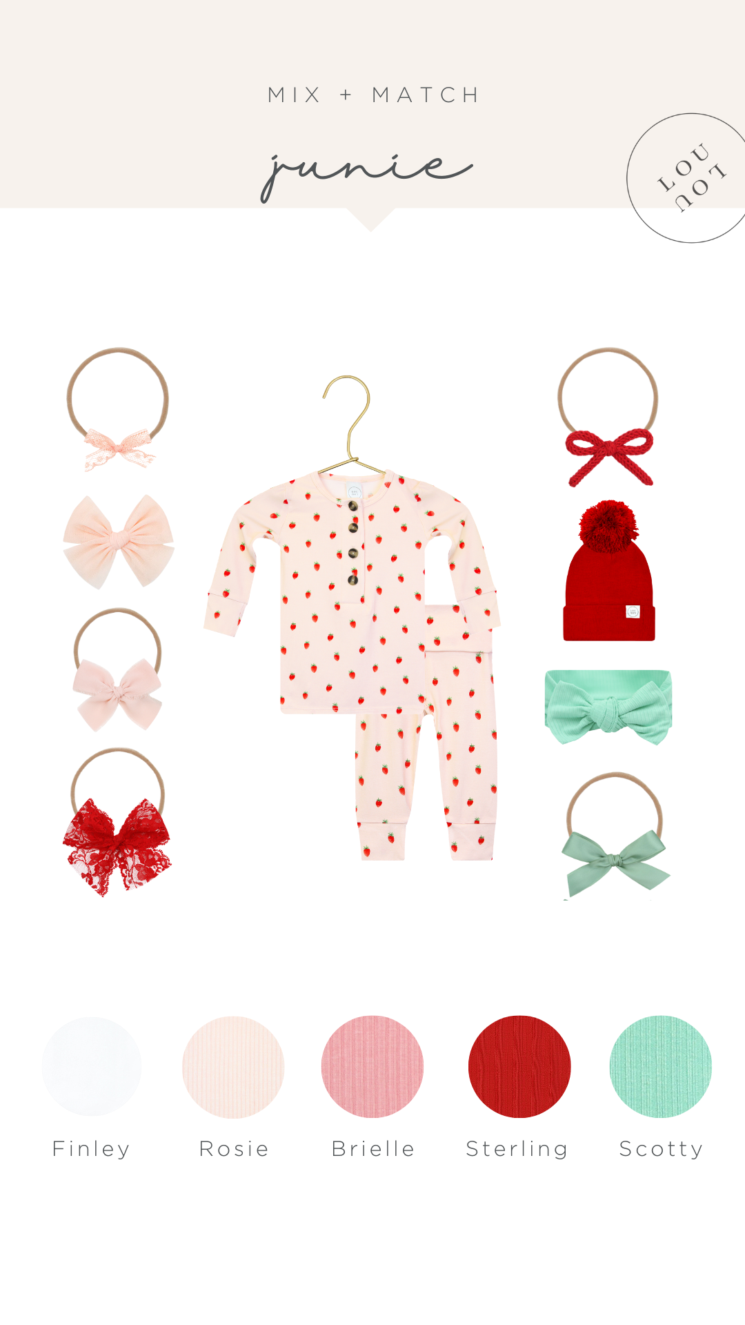 Junie mix and mach - mix and match these products with the junie strawberry print. bows and beanies