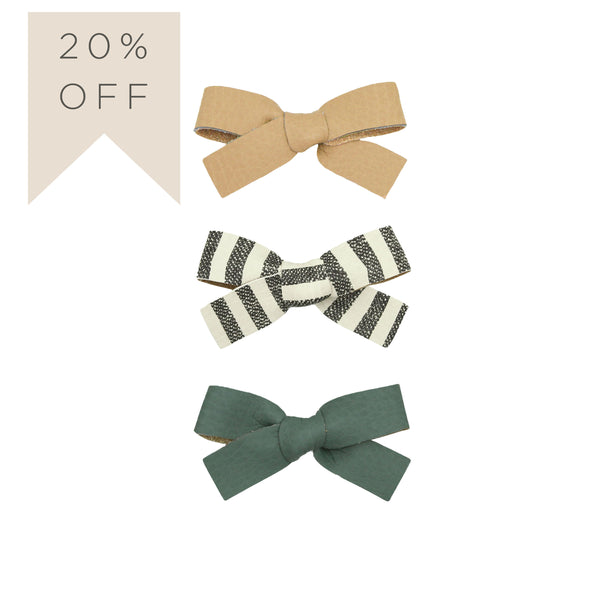 Leather 3 Pack - Stone Stripe Bow Clips