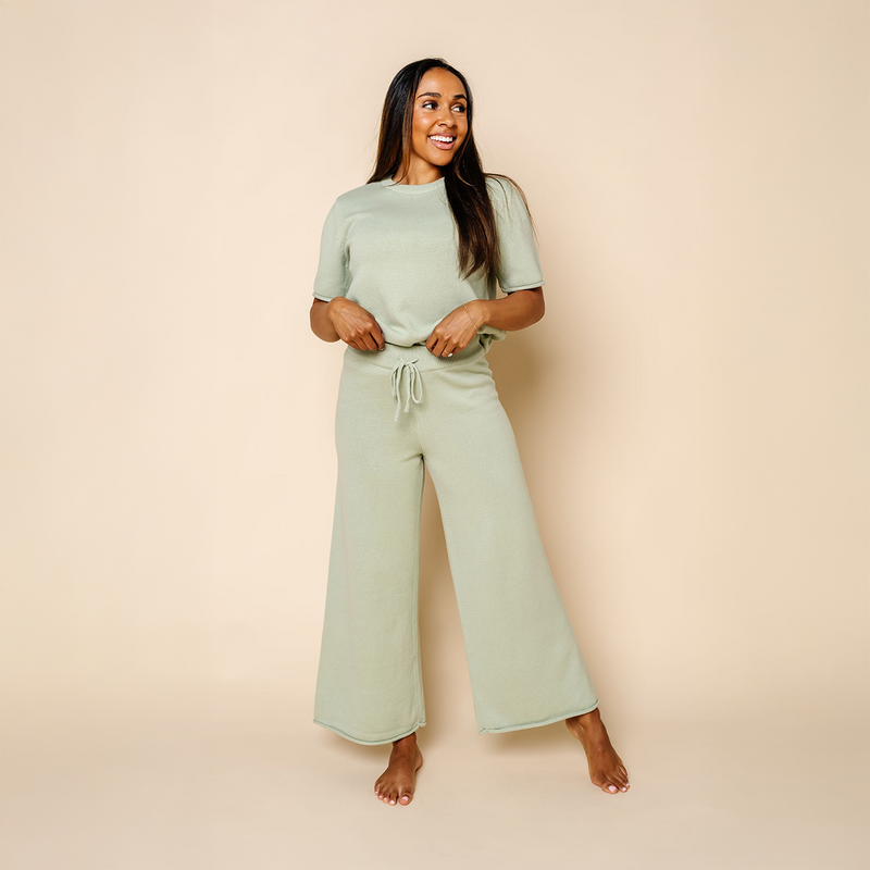 Women wearing Sage Knit Short Sleeve Tee & Wide Leg Pants. Wearing size Small