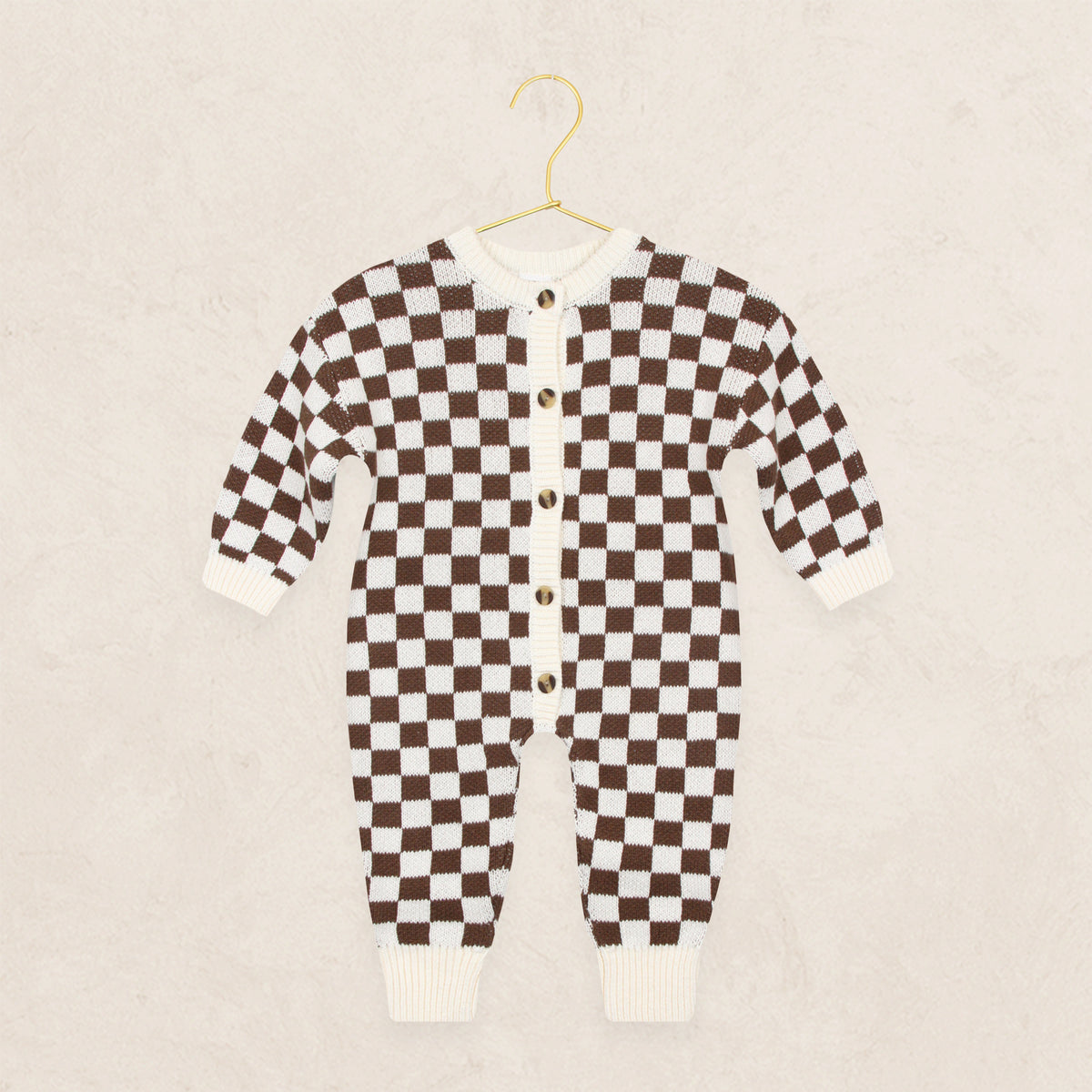 Knit Long Sleeve Onesie - Cocoa Checkered