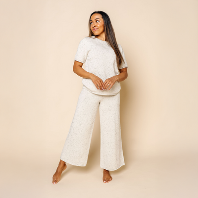 Knit Women's Wide Leg Pants - Cream Speckle