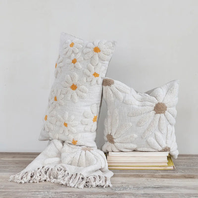18" Square Cotton Slub Pillow with Tufted Flowers