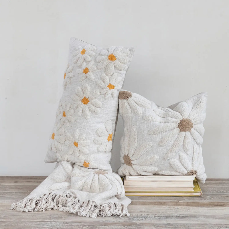 18" Square Cotton Slub Pillow with Tufted Flowers