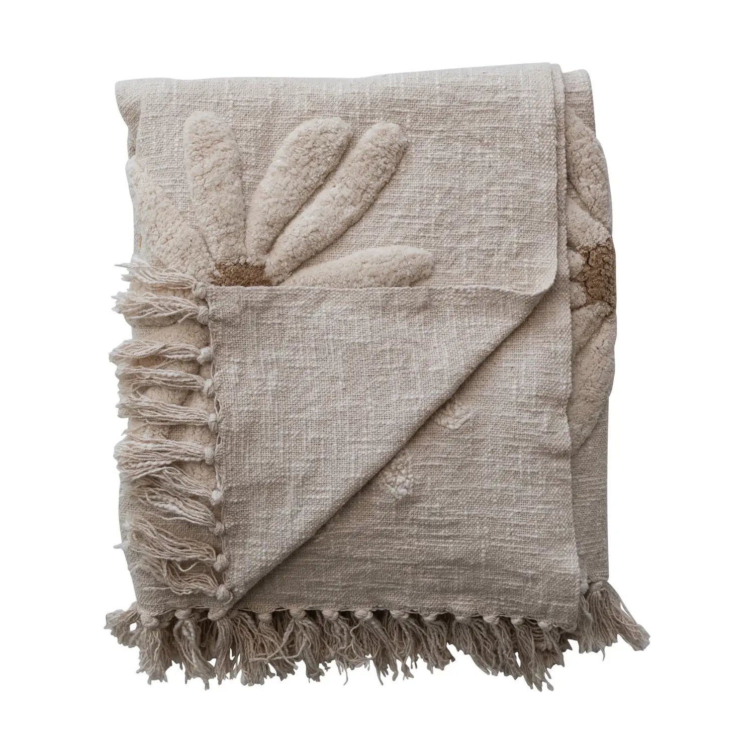 Cotton Slub Throw with Tufted Flowers & Fringe