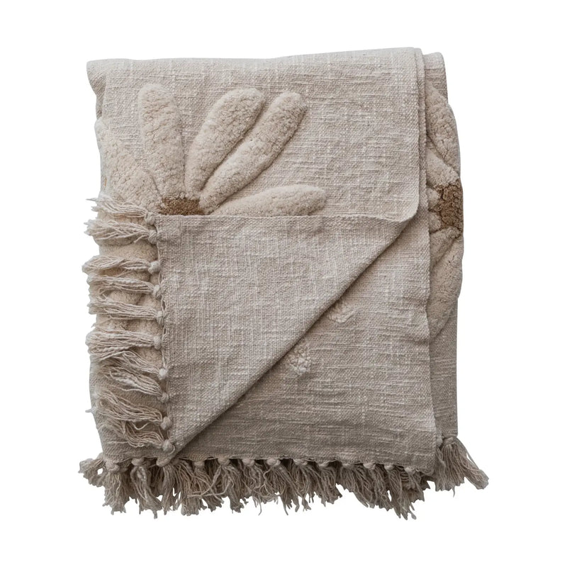Cotton Slub Throw with Tufted Flowers & Fringe