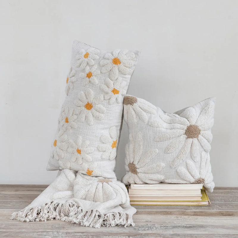 Cotton Slub Throw with Tufted Flowers & Fringe