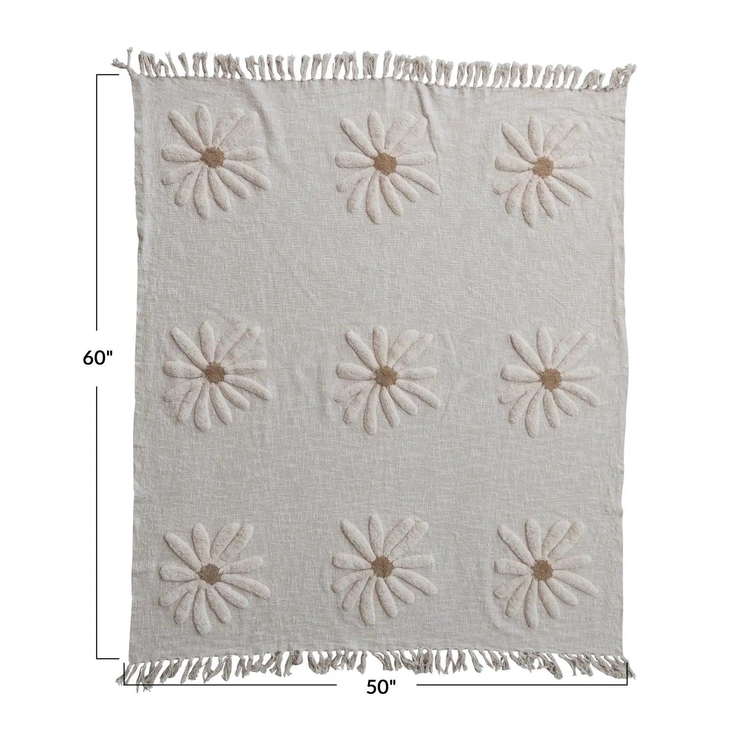 Cotton Slub Throw with Tufted Flowers & Fringe