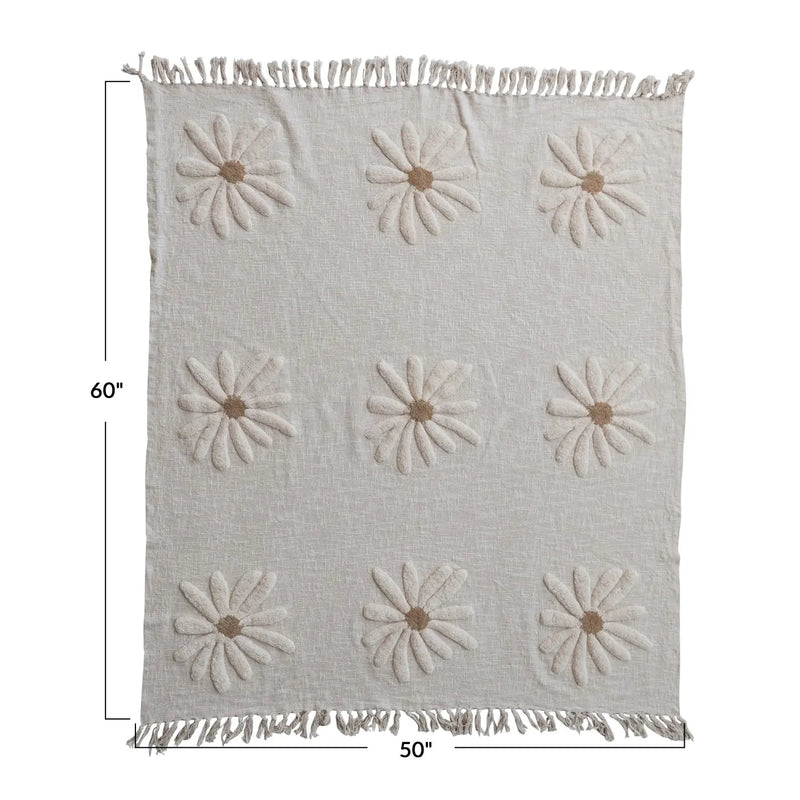 Cotton Slub Throw with Tufted Flowers & Fringe