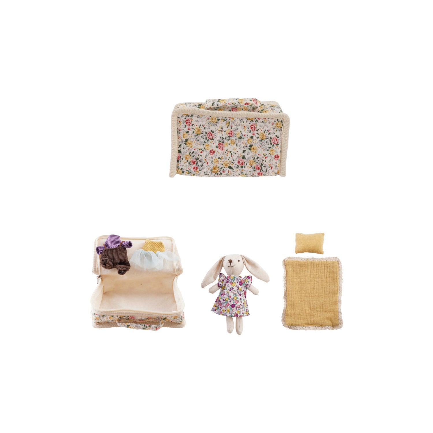 Fabric Suitcase Bed with Plush Bunny and Outfits