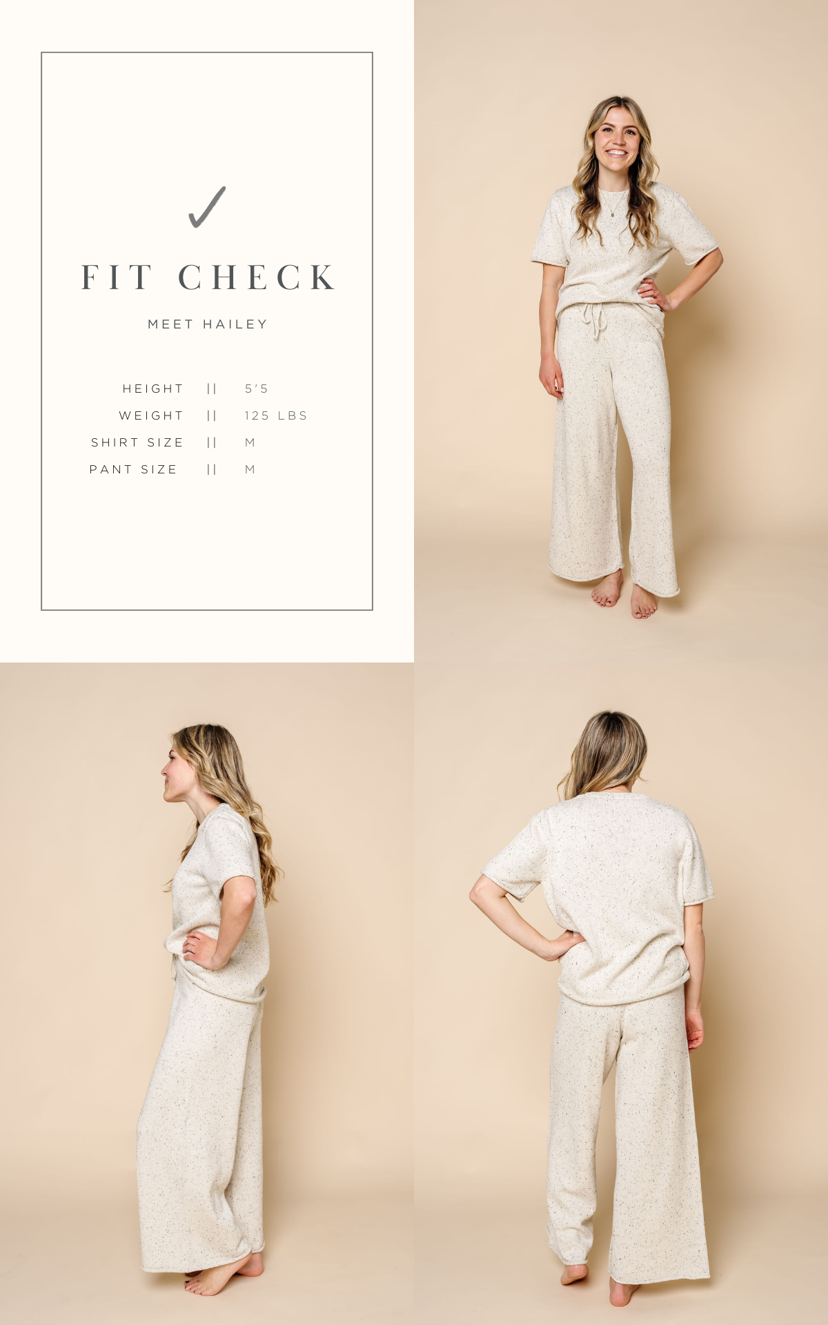 fit check graphic that shows hailey and the size she is wearing size medium in the knit women's short sleeve tee and wide leg pants.  