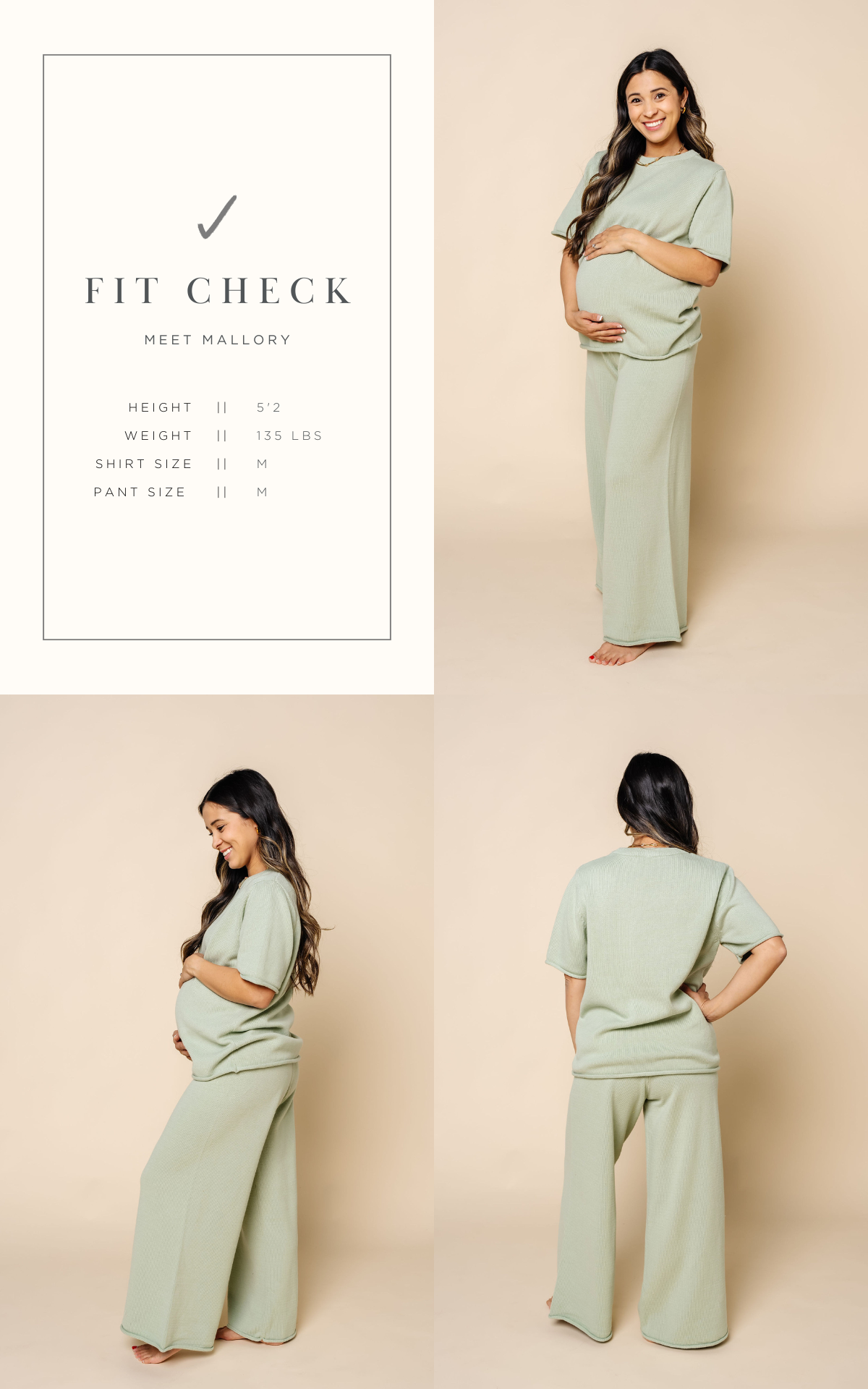 fit check graphic that shows mallory and the size she is wearing medium small in the knit women's short sleeve tee and wide leg pants.  8 months pregnant