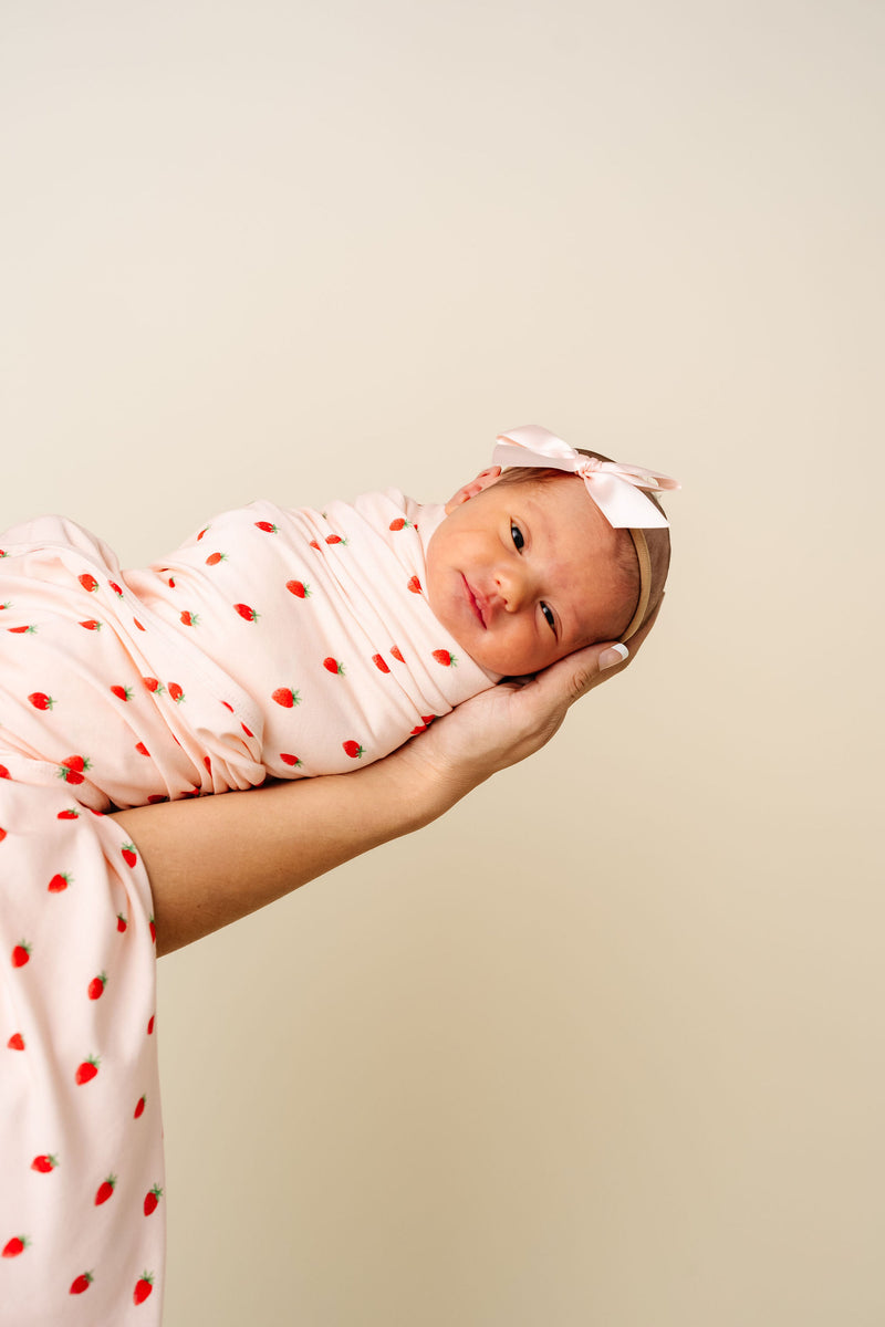 junie strawberry print swaddle blanket newborn girl