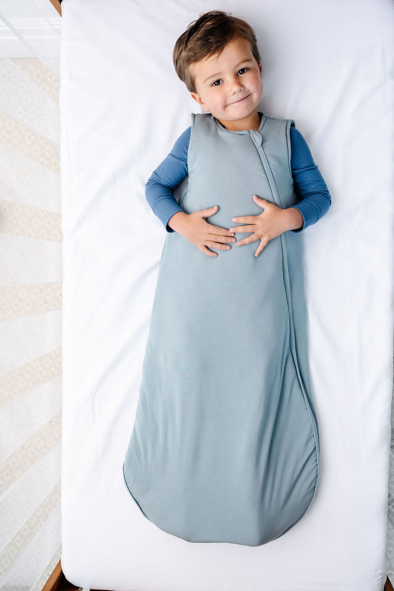 leo sleep sack toddler boy laying in a crib wearing 2t size